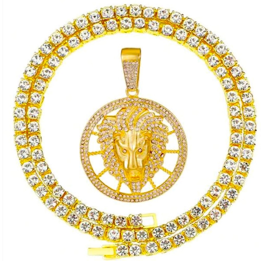 Golden King Lion Pendant Necklace, Iced Out